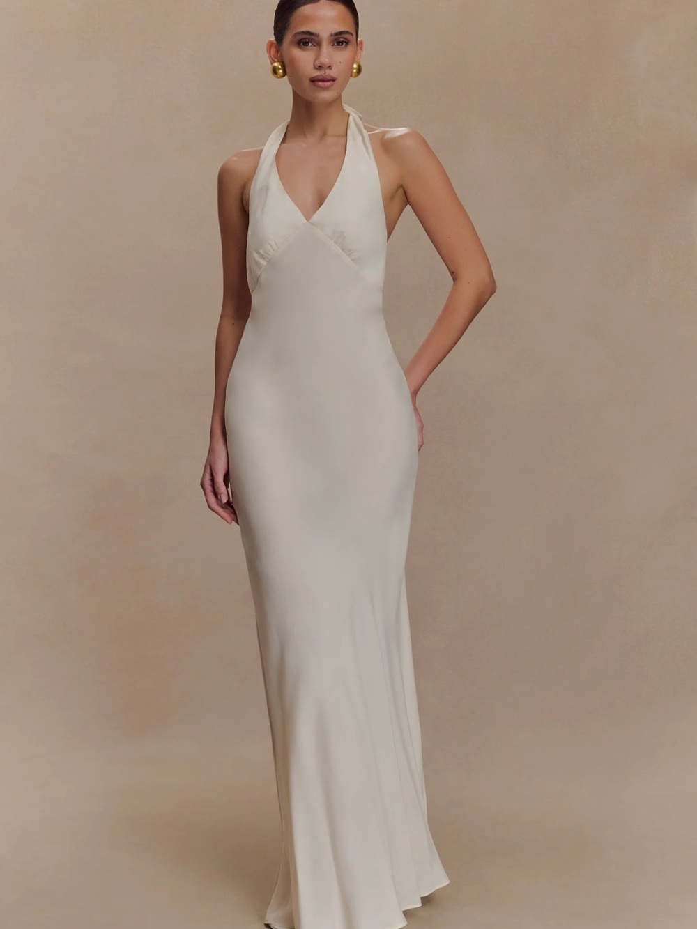Meshki Ivory Halter V-Neck Backless Satin Maxi Dress